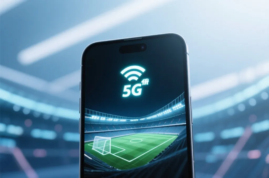智能手机在5G网络下流畅播放足球赛事概念图